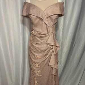 Xscape Evenings Metallic Knit Off-Shoulder Cascade Ruffle Gown Size 8 NWOT